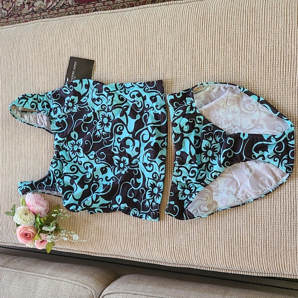 Turquoise and brown floral tankini